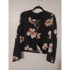 American Threads Cross Wrap Women's Blouse Sz.S Black Floral Cropped Long Flared